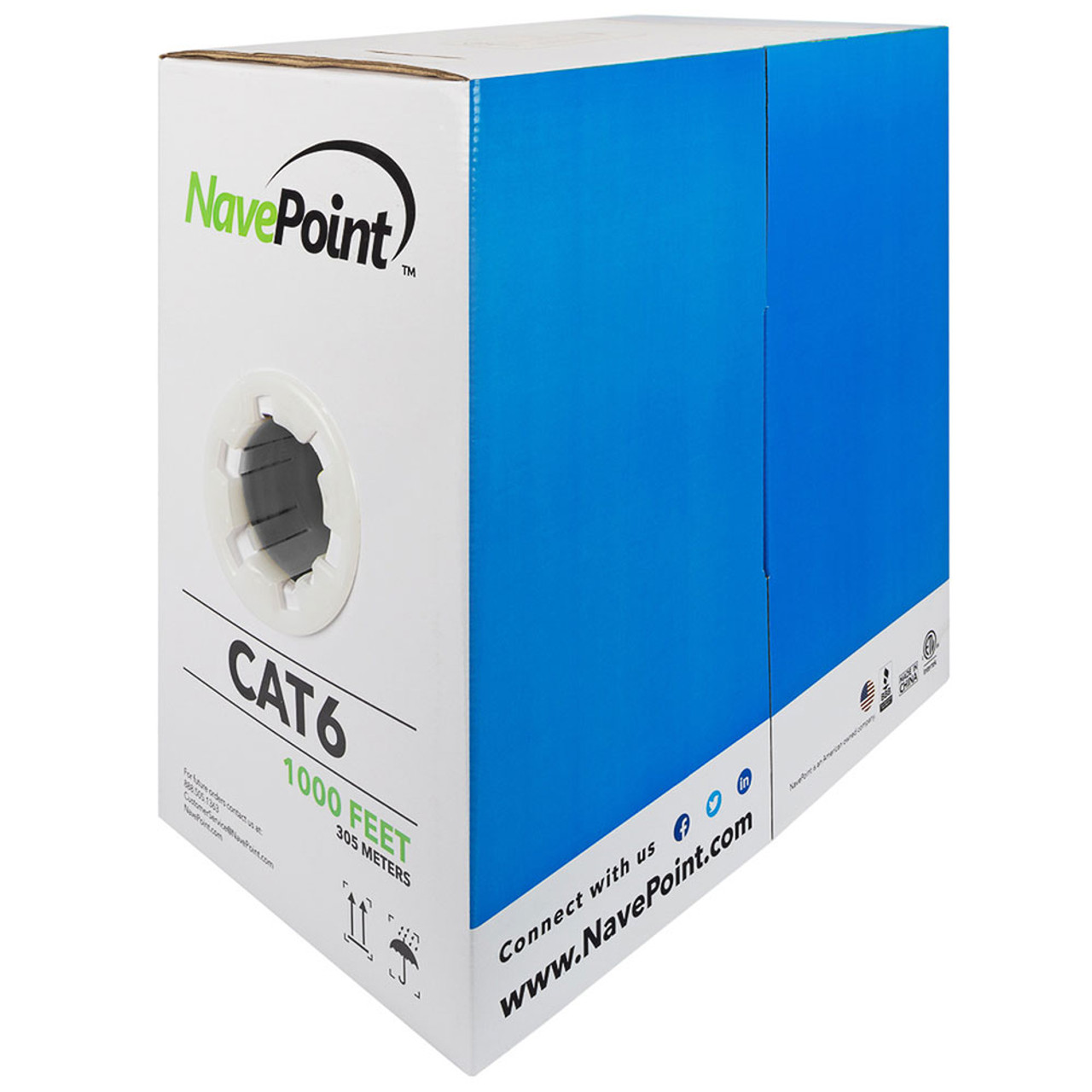 NavePoint CAT6 Bulk Network Cable Ethernet UTP Plenum CMP - 1000 Ft White