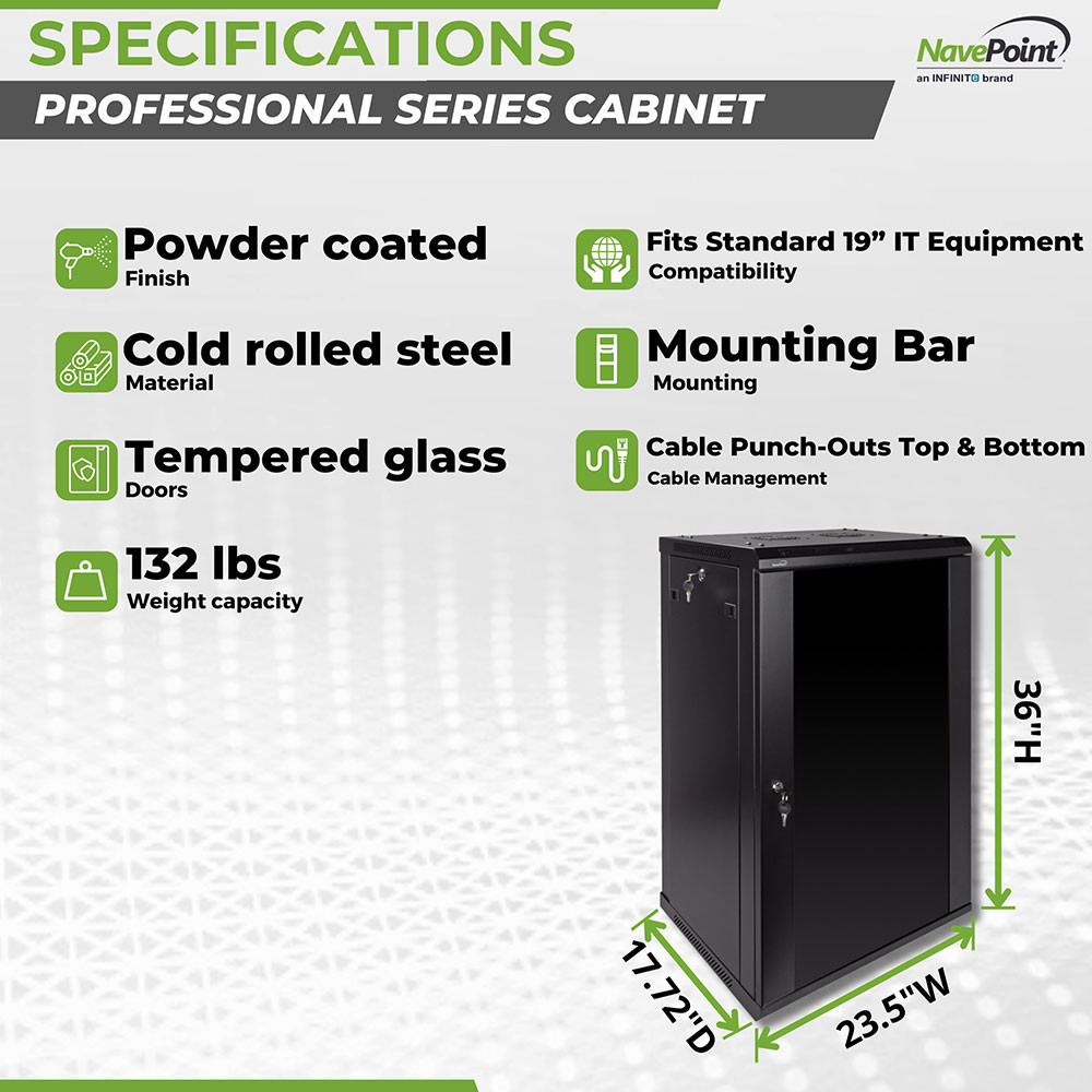 NavePoint 18U 450mm Depth Wallmount Networking Cabinet (Pro Series
