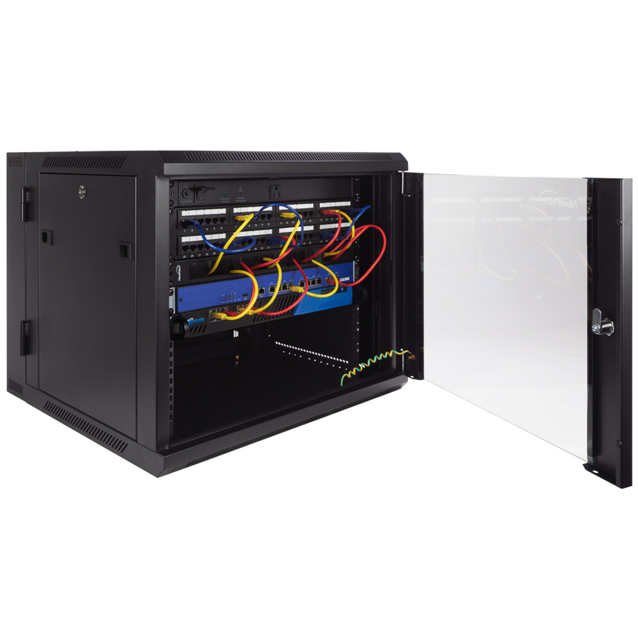 NavePoint 9U Wall Mount Network Cabinet with Swing Gate, tempered glass door, 19 inch width, 600mm depth