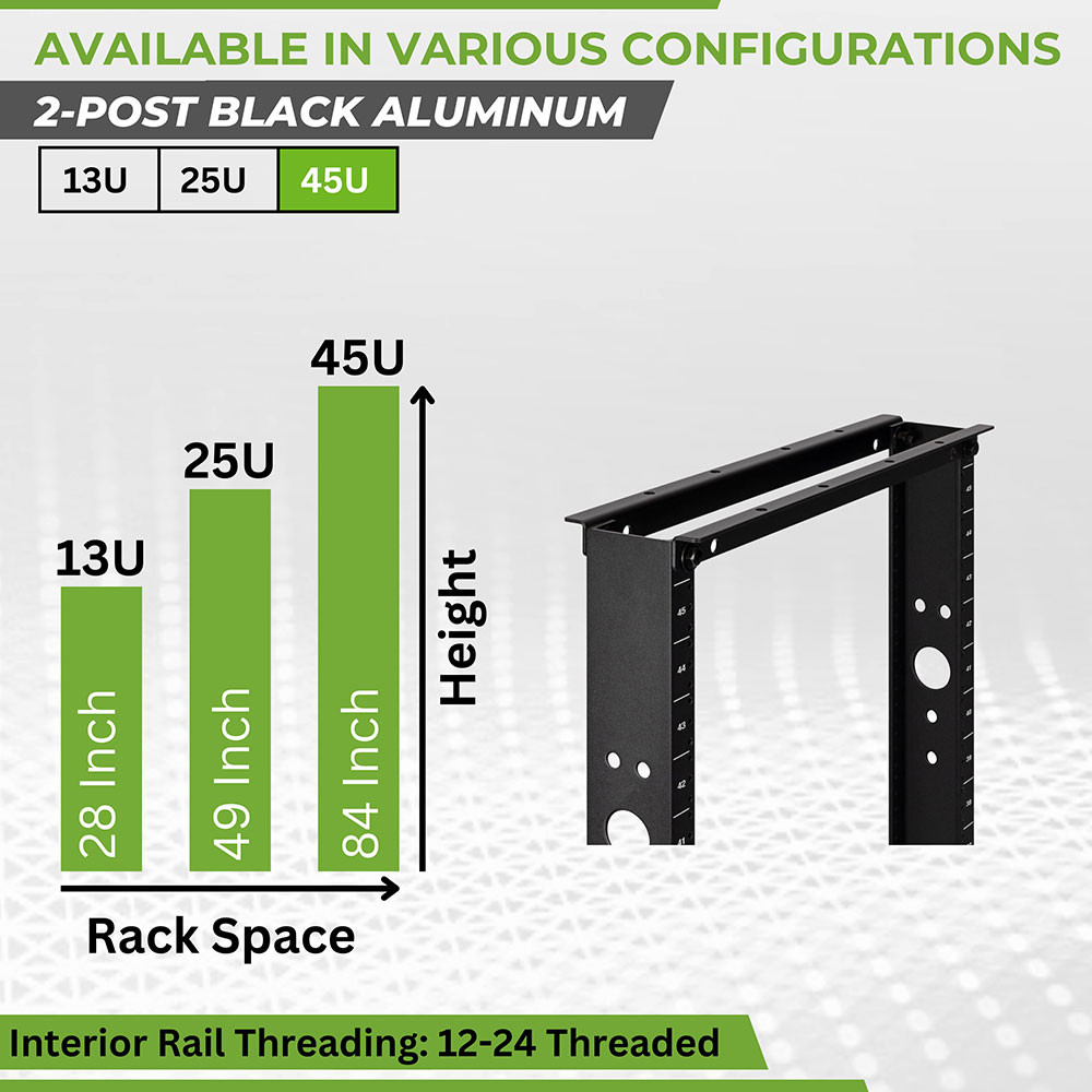 NavePoint 45U Aluminum 2-Post Open Frame Server Rack Threaded: 2
