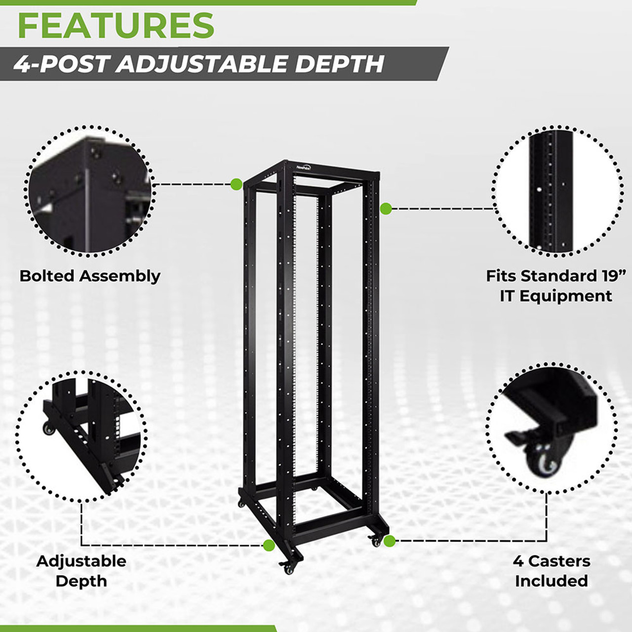 4-Post open frame server rack, adjustable depth 42U