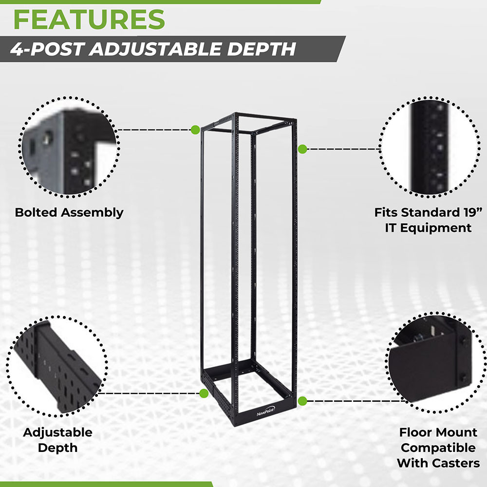 NavePoint 45U Adjustable Depth 4-Post Open Frame Rack (12-24