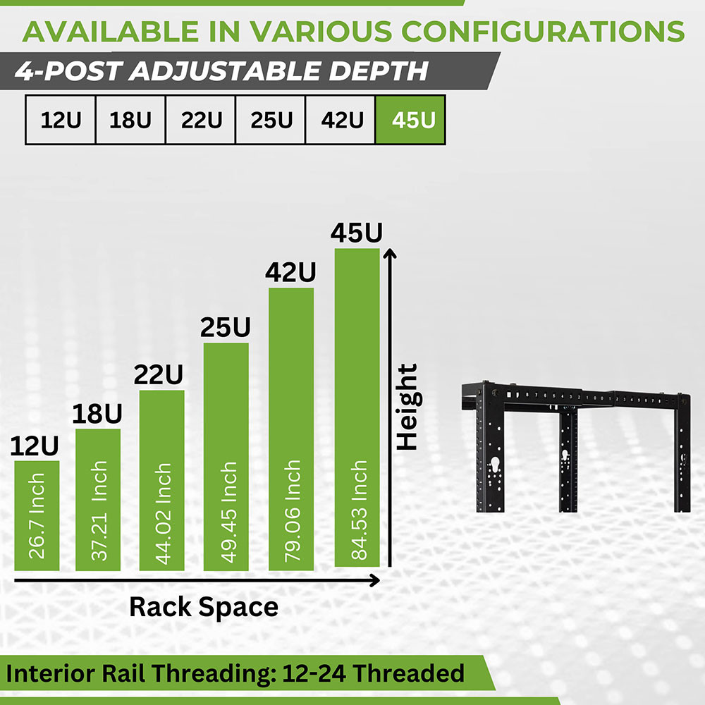 NavePoint 45U Adjustable Depth 4-Post Open Frame Rack (12-24