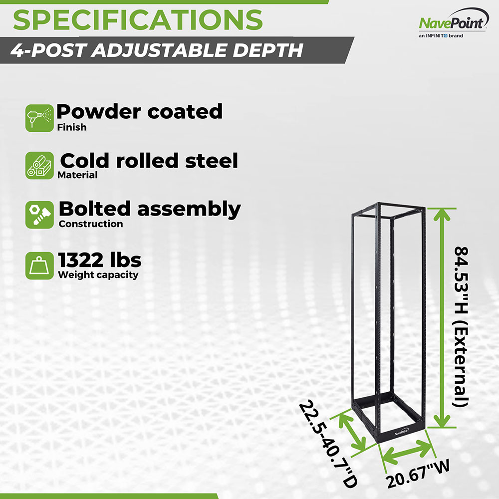 NavePoint 45U Adjustable Depth 4-Post Open Frame Rack (12-24