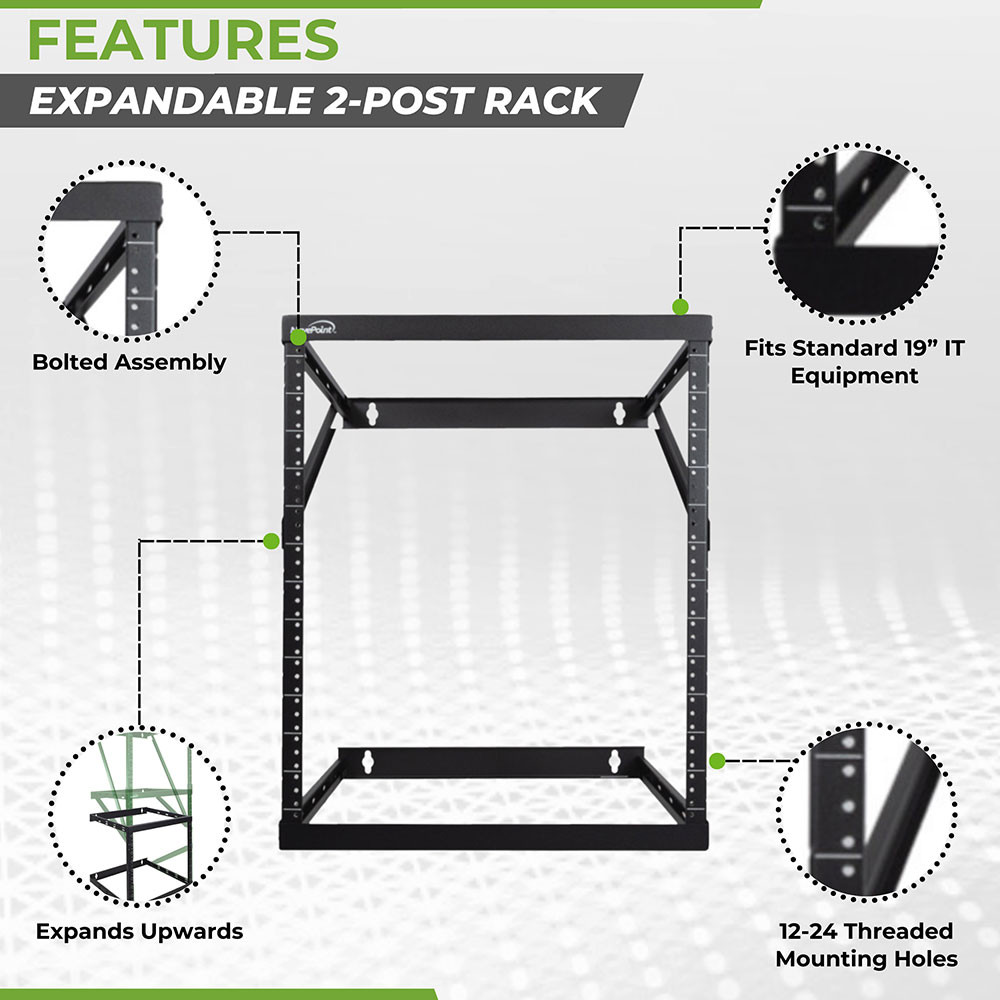 NavePoint 8U, 12U, 22U Height Expandable 2 Post Wall Mount Rack