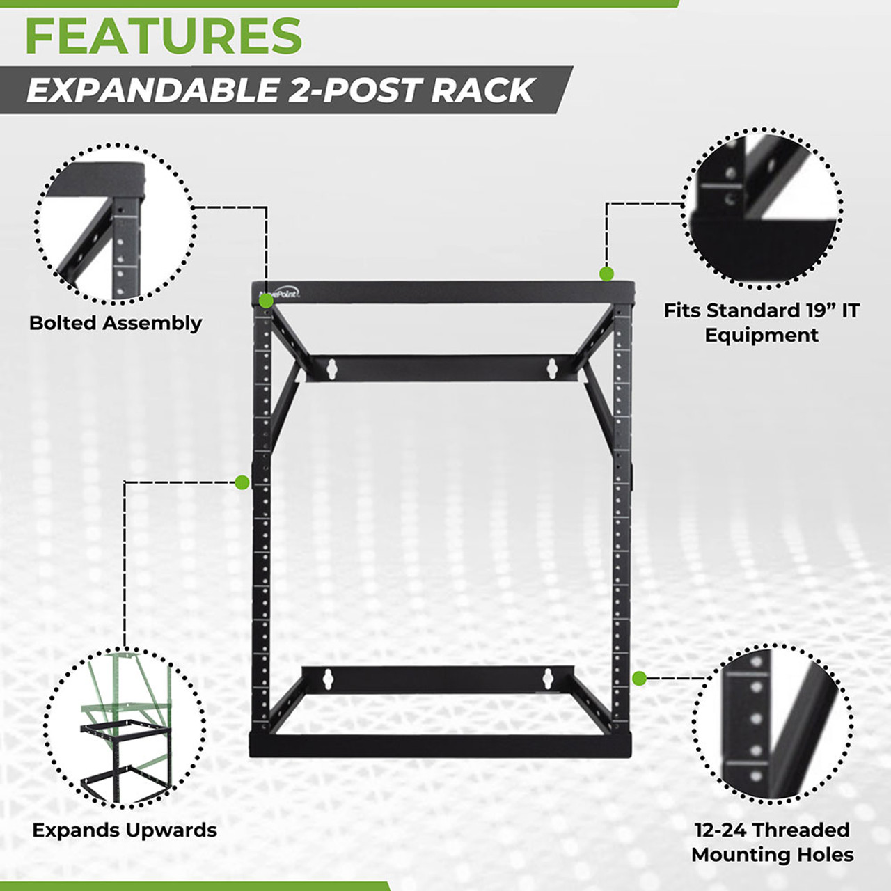 Pivoting Low Profile 8U, 12U, 22U, 2 Post Wall Mount Server Rack 17.5 inch depth