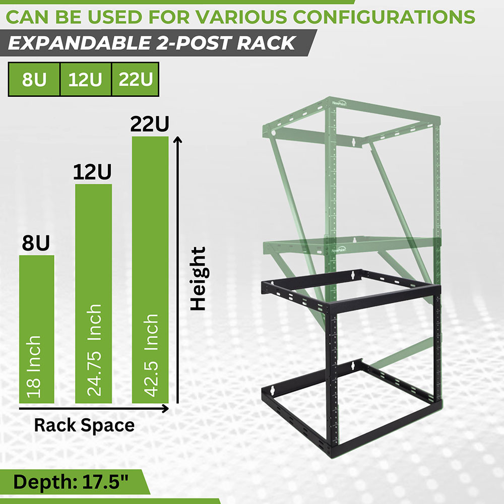 NavePoint 8U, 12U, 22U Height Expandable 2 Post Wall Mount Rack