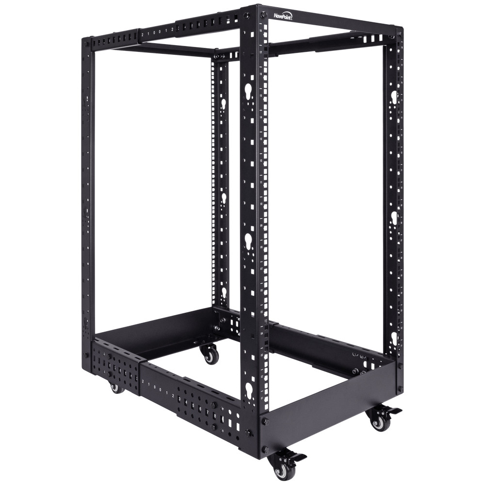 NavePoint 18U Adjustable Depth 4-Post Open Frame Rack with Casters