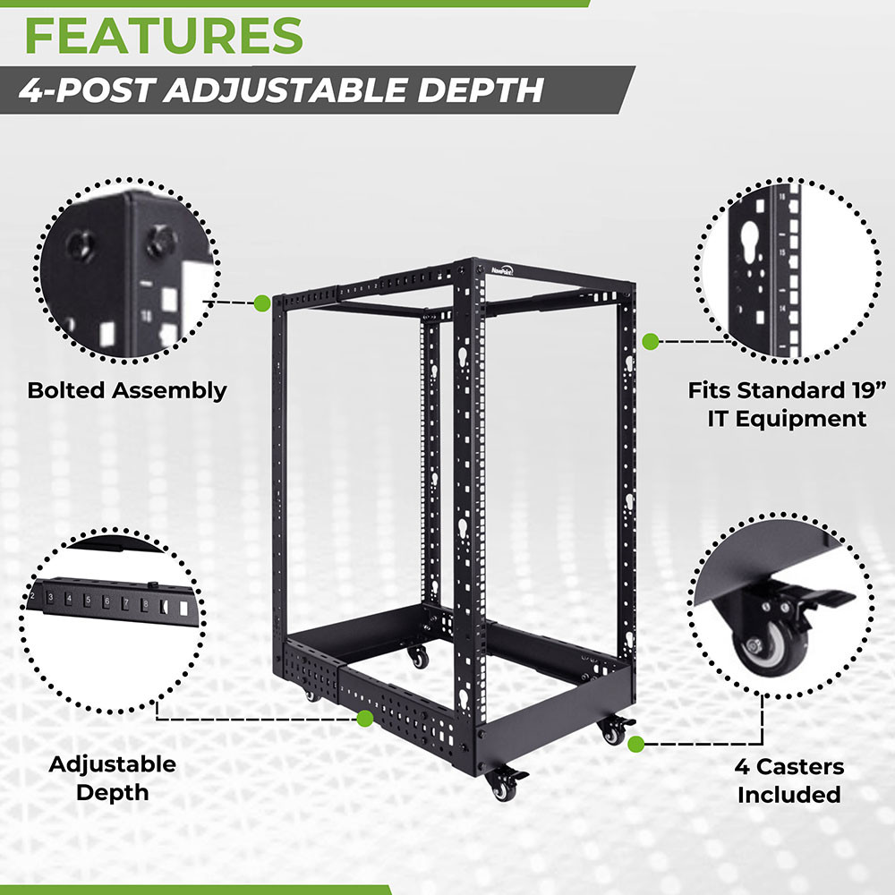 NavePoint 18U Adjustable Depth 4-Post Open Frame Rack with Casters