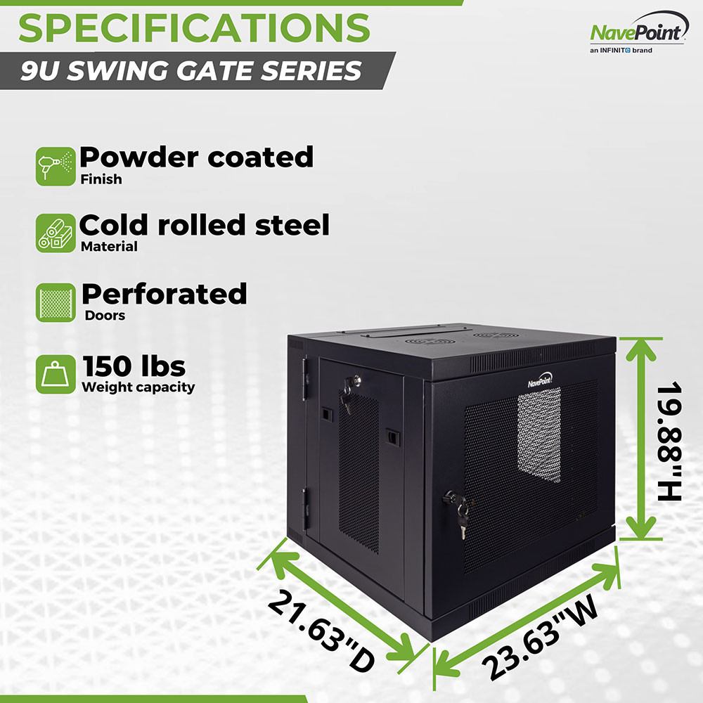 NavePoint 9U Wall-Mount Network Cabinet, 450mm Depth, Hinged Back