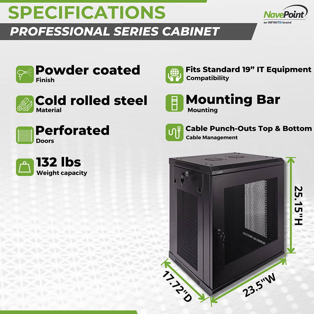 NavePoint 12U 450mm Depth Wallmount Networking Perforated Cabinet