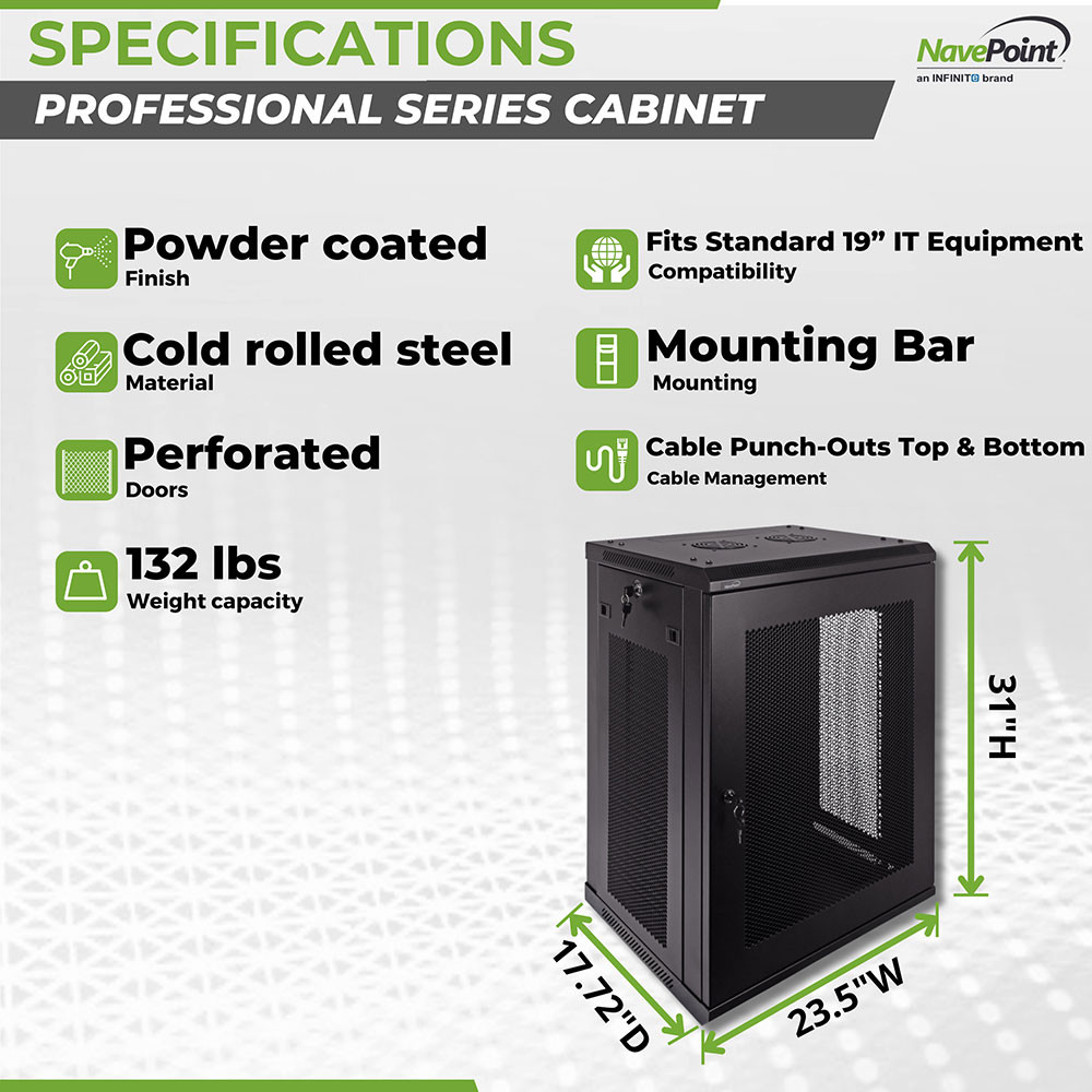 NavePoint 15U 450mm Depth Wallmount Networking Perforated Cabinet