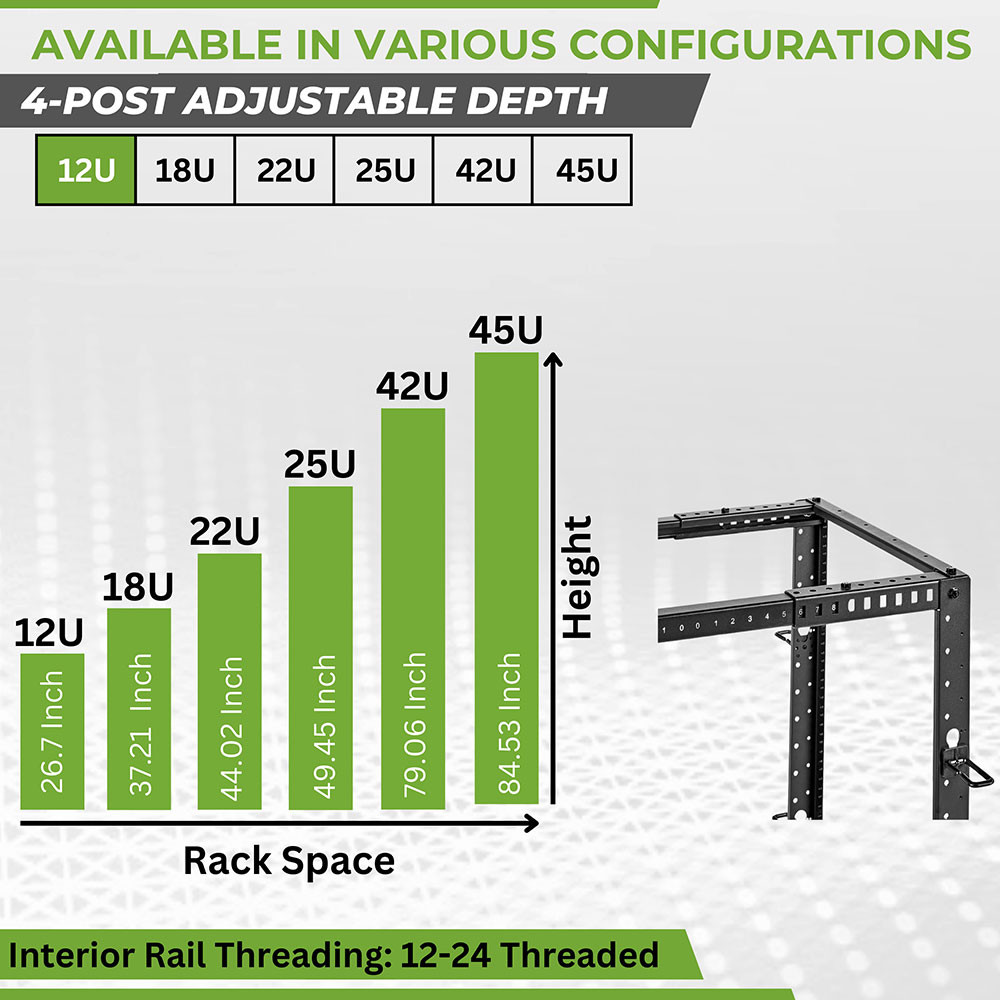 NavePoint 12U4-Post Open Frame Server Rack, Adjustable Depth with ...