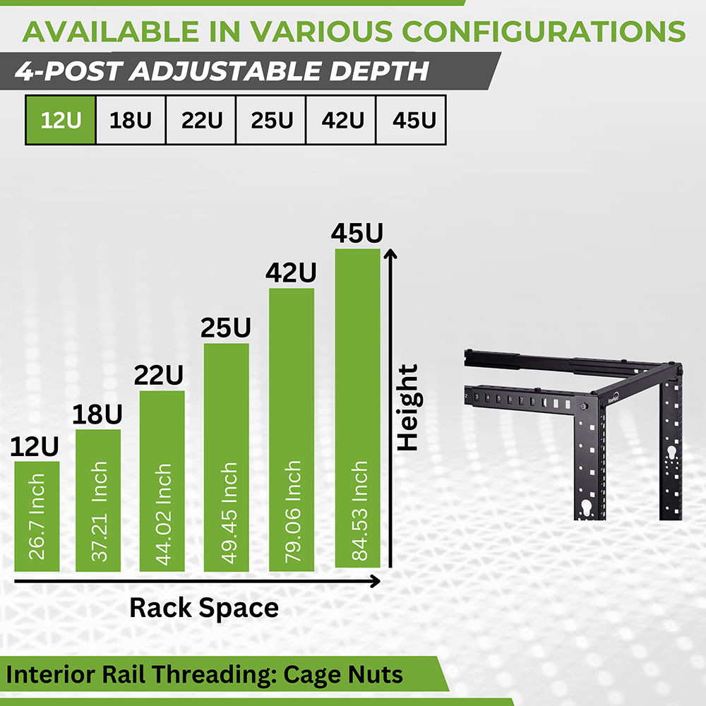NavePoint 12U Adjustable Depth 4-Post Open Frame Rack with Casters: 4 ...