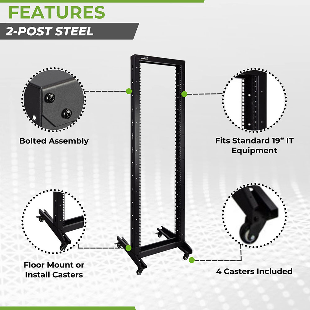 NavePoint 42U 2-Post Open Frame Rack with Casters: 2-Post Racks