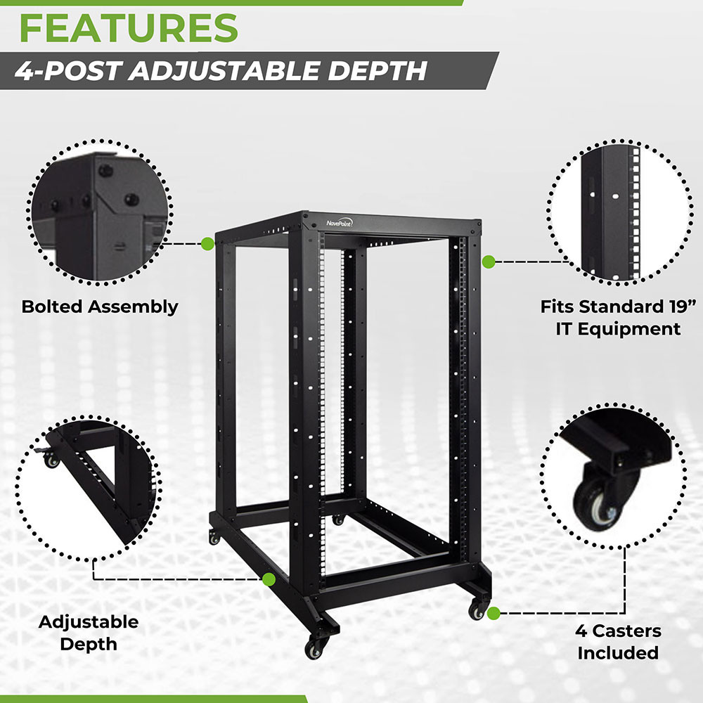 NavePoint 22U 1000mm Adjustable Depth 4-Post Open Frame Rack with ...