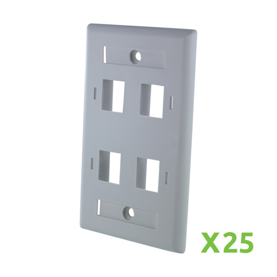 NavePoint Keystone Wall Plate White 4-Port 25-pack