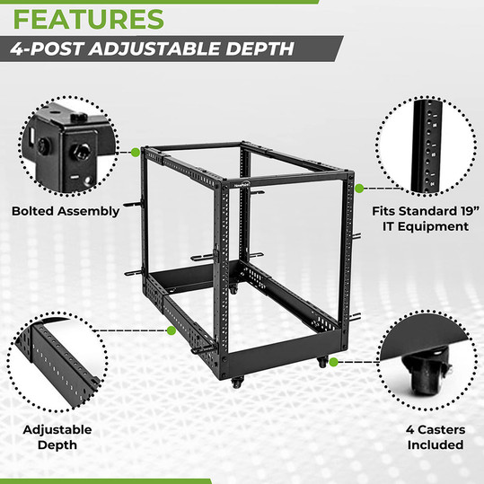 NavePoint 12U4-Post Open Frame Server Rack, Adjustable Depth with ...