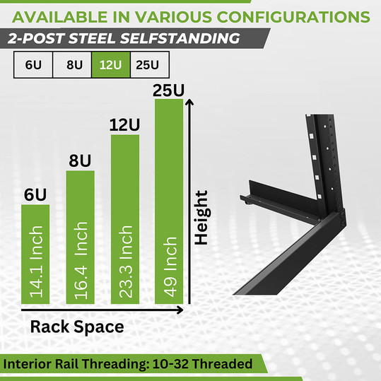 NavePoint 12U 2-Post Open Frame Desk Rack Threaded: 2-Post Racks