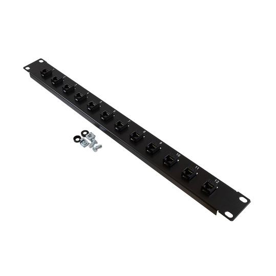1U (1.75") 19 Inch Panel with 12 Right Angle Cat6 Couplers