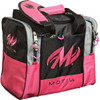 Side view of the Neon Pink Motiv Shock 1-ball tote showing the zippered shoe pocket and pink padded shoulder strap