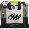 Motiv Shock Single Tote bowling bag in Blizzard White with a black Motiv M logo, gray side panels and lime-green zipper pulls