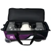 Open top of Tenth Frame purple Deluxe Triple Roller with three bowling balls in padded compartment