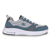 Brunswick Outback Grey Blue men’s bowling shoes side view showing grey knit upper with blue accents and white EVA outsole