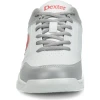 Close up of Dexter Ricky V Grey Red bowling shoe padded tongue collar and lace to toe pattern