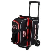 Top shoe compartment of Storm 2‑Ball Streamline Hex Black Red bag holds up to a size 15 mens pair of bowling shoes