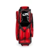 Closeup of Black/Red high gloss enamel material and reinforced stitching on the Genesis Sleek Gloss 3 Ball Triple Rolle
