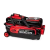 Top shoe compartment of Genesis Sleek Gloss 3 Ball Triple Roller Black Red holds up to a size 15 pair of men’s bowling shoes