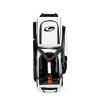 Closeup of white/black high gloss enamel material, large‑gauge zippers, and reinforced stitching on the Genesis Sleek Gloss 3 Ball Triple Roller