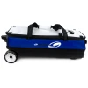 Side view of Genesis Sport Modular 3 Ball Triple Tote Blue with grooved 4.5 inch urethane wheels and wide track base