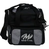 Front view of the heather gray Motiv Prevail 1-ball tote with black trim, a zippered front pocket and a padded shoulder strap