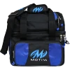 Front view of the Midnight Blue Motiv Prevail 1-ball tote with black trim, a zippered front pocket and a padded shoulder strap
