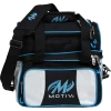 Front view of the white Motiv Prevail 1-ball tote with black panels, a zippered front pocket and a padded shoulder strap