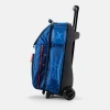 KR Strikeforce Diamond Dually triple roller bowling bag in Baltic Blue, side view with handle extended