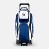 KR Strikeforce Drive Dually triple roller bowling bag in royal and white, top view