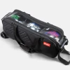 Transparent dual-zipper top on black KR Strikeforce Diamond Slim Triple Tote showing three balls