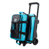 KR Strikeforce Konvoy Double Roller bowling bag in black/Caribbean blue, quarter view with handle extended