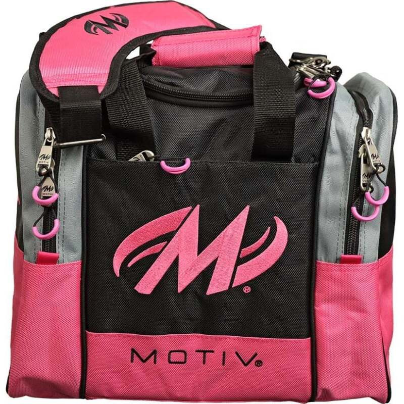 Motiv Shock Single Tote bowling bag in Neon Pink with a pink Motiv M logo on a black front panel and gray side panels