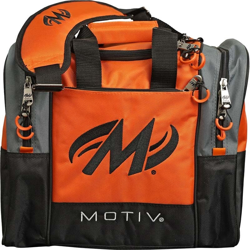 Motiv Shock Single Tote bowling bag in tangerine orange with a black Motiv M logo, gray side panels and a black base