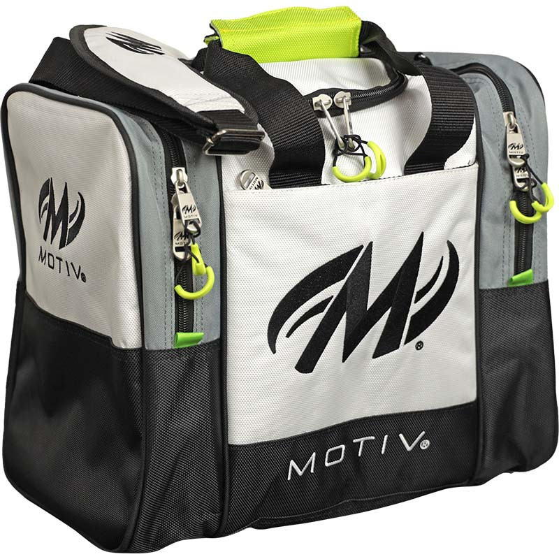 Side view of the Blizzard White Motiv Shock 1-ball tote showing the zippered shoe pocket, end logo and padded shoulder strap