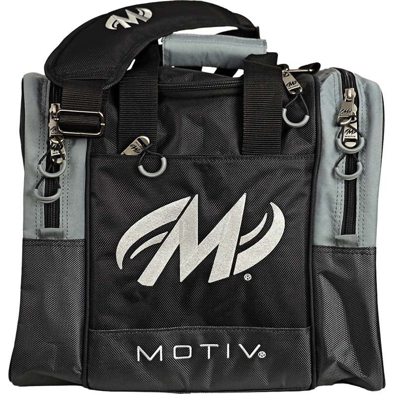 Motiv Shock Single Tote bowling bag in Covert Black with a silver Motiv M logo, charcoal gray side panels and gray zipper pulls