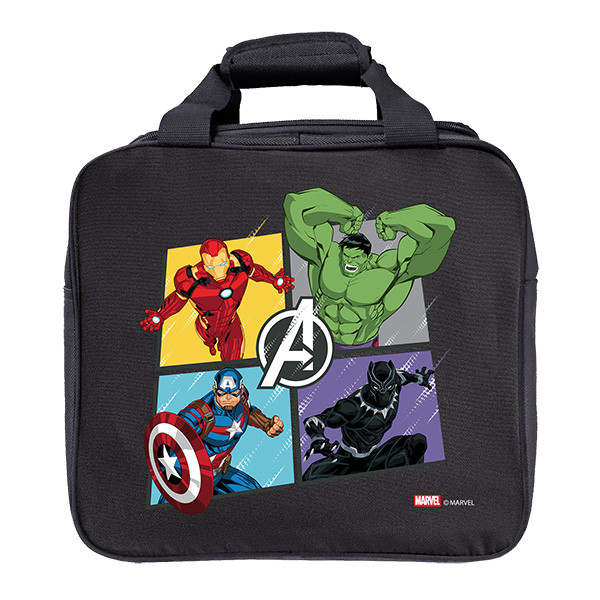 Marvel Avengers Group single ball bowling tote bag constructed of lightweight 600D fabric