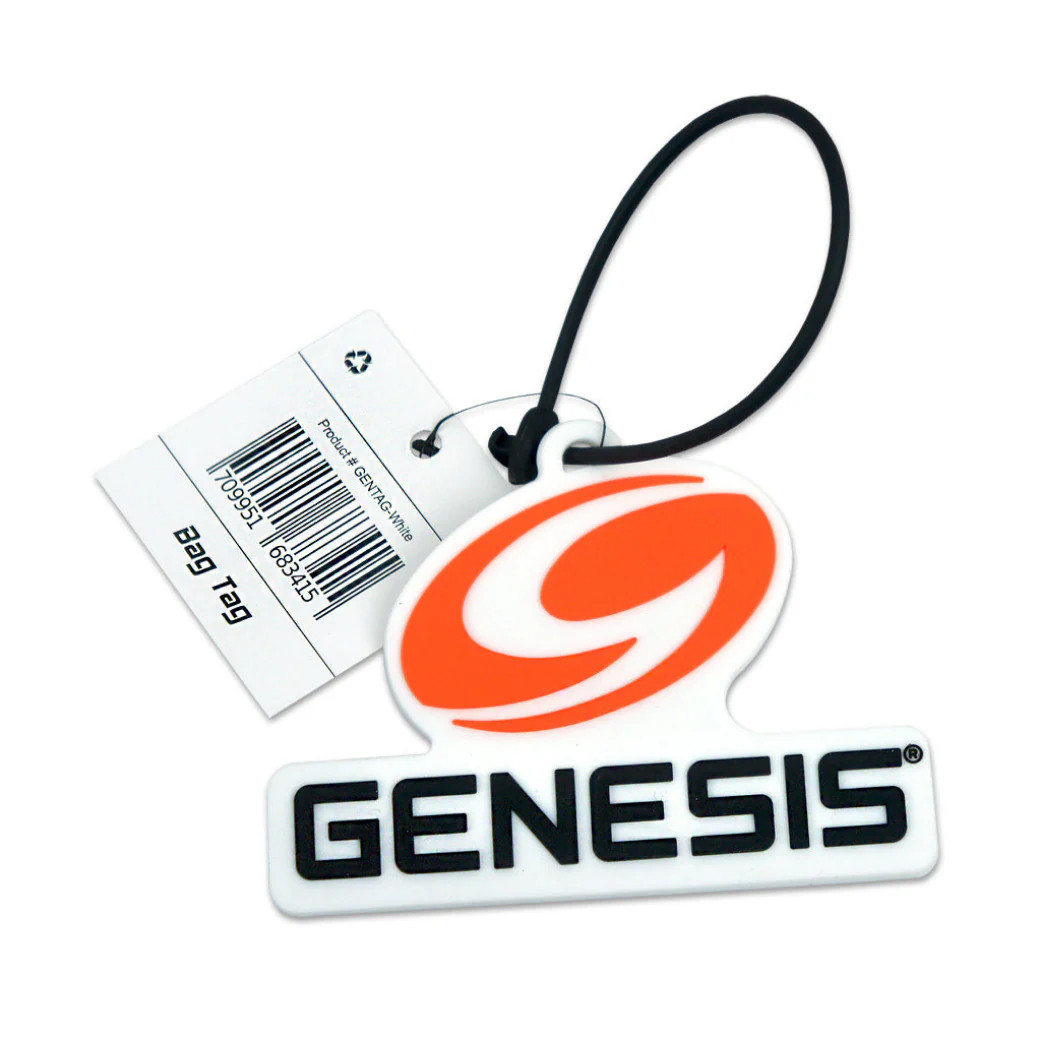 Genesis white rubber bag tag with black Genesis logo on front