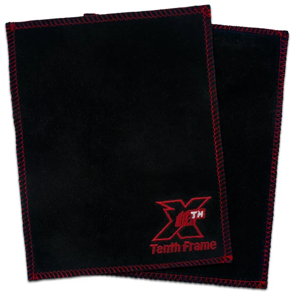 Back side of Tenth Frame black leather bowling ball shammy pad