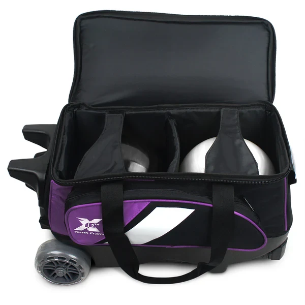 Open top of Tenth Frame purple Deluxe Double Roller with two bowling balls in padded cups