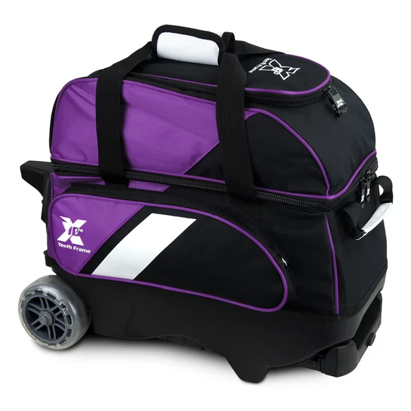 Side view of Tenth Frame purple Deluxe Double Roller showing full-length accessory pocket